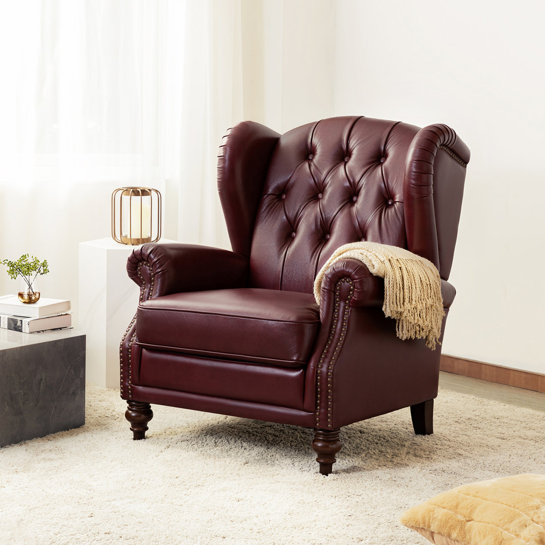 Amyri 33" Wide Genuine Leather Wingback Armchair with Button-Tufted